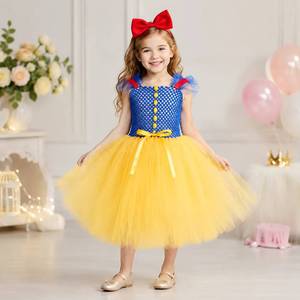 Costume de princesse tutu pour enfants, bleu et jaune, en tulle, pour fête d'anniversaire, Halloween, déguisement avec bandeau rouge à nœud - Product Image 1