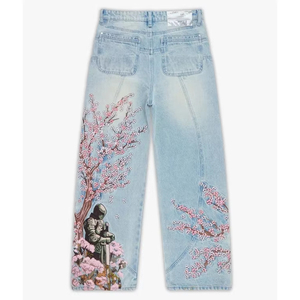 <span class=keywords><strong>Pantalones</strong></span> Vaqueros Japoneses al por Mayor, Holgados, Unisex, con Estampado Gráfico de Sakura Samurai, Azul Claro, Pierna Ancha, Estilo Urbano - Product Image 3