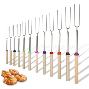 BBQ Tools 32inch Stretch Stainless Steel Barbecue Fork 10 Color Wood Handle Marshmallow Roasting BBQ Sticks