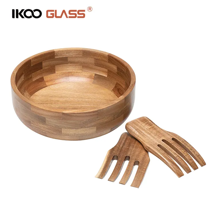 IKOO vente en gros grand saladier en bois avec 2 mains en bois pour fruits, salade, céréales, flocon de maïs, pâtes