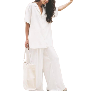 Loose Solid <b>Linen</b> Women's Short Set Taiwan Made 100% <b>Linen</b> Canvas Summer Casual Breathable Eco-Friendly Loose Fit Outfits - Product Image 1