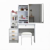 Ensemble Coiffeuse et Chaise de Maquillage Moderne à LED pour Chambre, Miroir Réglable en Luminosité, 3 Couleurs au Choix, 4 Tiroirs, en MDF Blanc