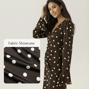Elegante <span class=keywords><strong>Abito</strong></span> da Donna a <span class=keywords><strong>Pois</strong></span> con Scollo a V, Vita Alta, Maniche Lunghe e Decorazione con Bordo Plissettato in Tinta Unita - Product Image 6