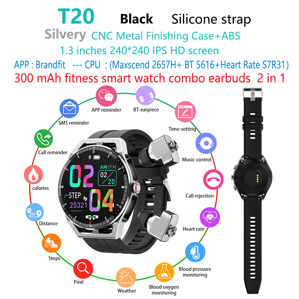 silver T20 tws earbuds smart watch