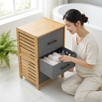 Meuble de rangement moderne en bambou à 2 niveaux avec tiroirs pour linge, poignée noire mate, étagère autoportante pour salle de bain