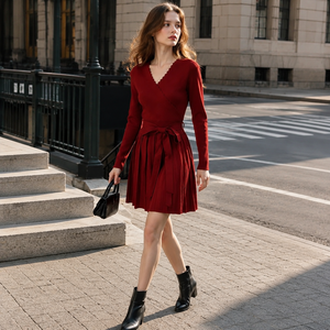 Glamour Slimming Cross Front Long Full Sleeve Stand Neck Midi Knit Frock Matte Black Bright <b>Red</b> Solid <b>Belted</b> Waist Pleated - Product Image 4