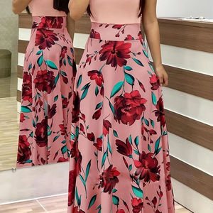 เดรส2024แขนสั้นสำหรับผู้หญิงกระโปรงบานใหญ่พิมพ์ลายดอกไม้สไตล์ยุโรปและอเมริกา - Product Image 1