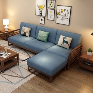 Juego de sofás en forma de L de madera maciza nórdica, sofá modular de tela para sala de estar de apartamento pequeño, estilo moderno minimalista - Product Image 1