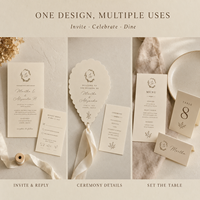 Invitation de mariage personnalisée intemporelle et neutre, motif délicat de couronne monogrammée avec enveloppe assortie et cartes d'accompagnement