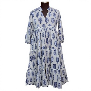 Venta al por mayor ART&ART Vestido Midi Casual Floral de Algodón Puro, Elegante, Suave, con Estampado de Hojas, Blanco, Estilo Boho Natural, Verano, Estampado Indio, Antiestático, Ajuste Cómodo - Product Image 1