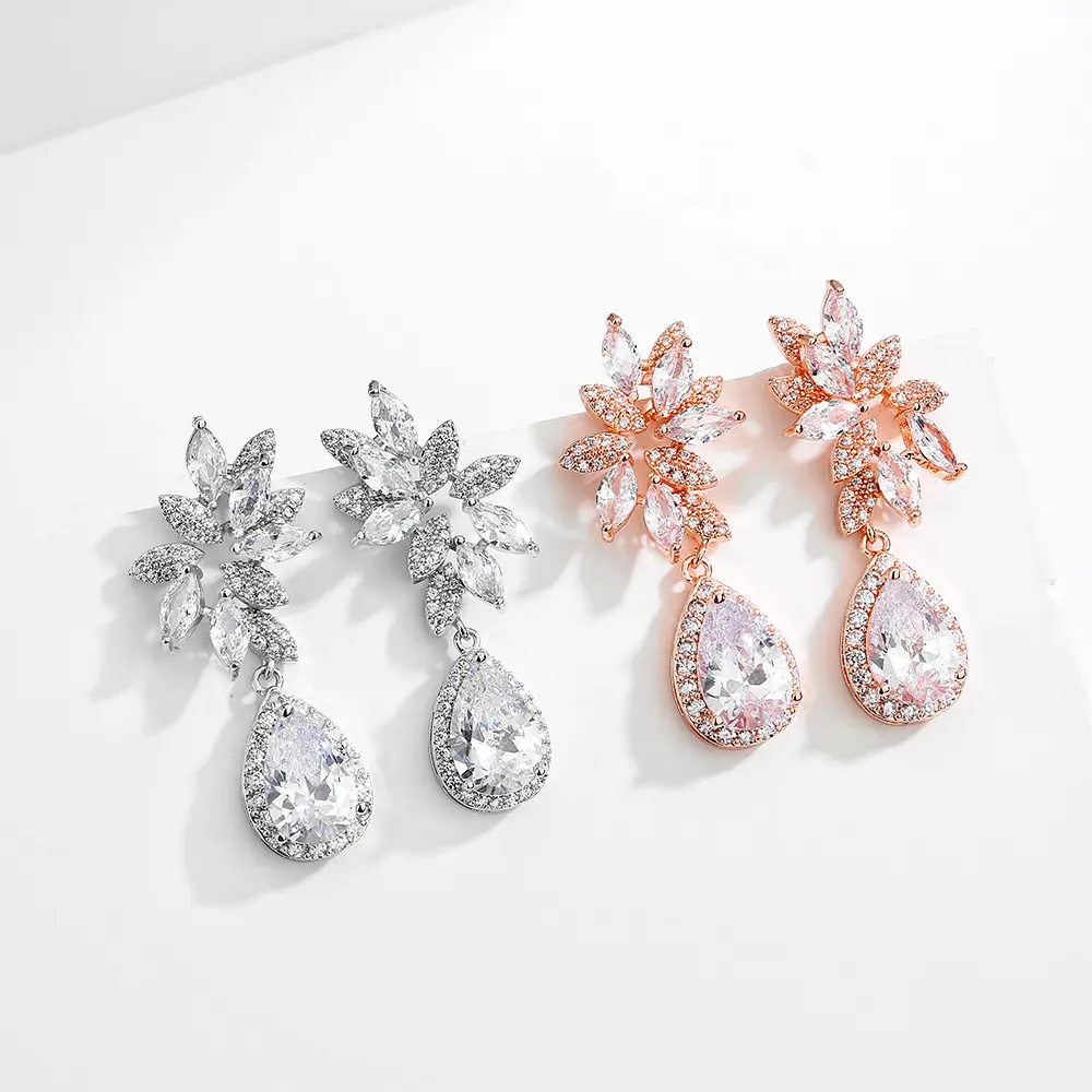 Wedding Women's Cubic Zirconia Bridal Earrings Crystal Rhinestone Floral Cluster Chandelier Dangle Drop Earrings For Brides
