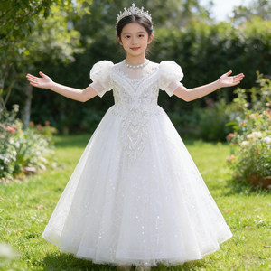 Abito da Principessa per Damigella d'Onore, Vestito da Cerimonia per Compleanno, Costume per Spettacoli, Abbigliamento per Bambini, Abito Lungo Natalizio, per Recital di Pianoforte - Product Image 1