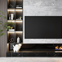 Meuble TV mural moderne en bois avec étagères à LED et foyer électrique, console multimédia pour salon