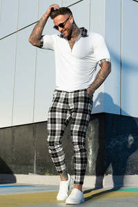 US Warehouse <span class=keywords><strong>Pantalon</strong></span> <span class=keywords><strong>chino</strong></span> slim stretch décontracté à carreaux noir et blanc pour hommes - Product Image 6