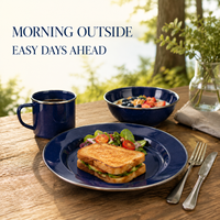 Ensemble de vaisselle de camping en émail bleu marine, assiette, bol, tasse et cuillère pour pique-nique en plein air, logo personnalisé, fournisseur en gros, usine