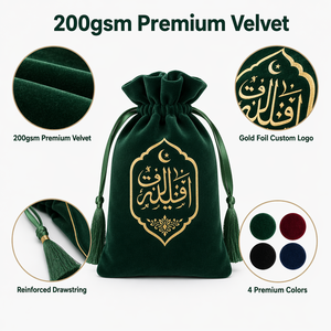 Pochette cadeau en velours vert avec cordon de serrage, pochette en satin pour le Ramadan, pochette en coton pour la charité, sac alimentaire, emballage personnalisé avec logo - Product Image 5
