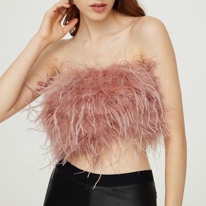 <span class=keywords><strong>Haut</strong></span> court sans manches en plumes d'autruche roses véritables pour femme - Product Image 1