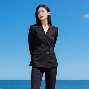 Women's Double Breasted Suit Jacket Black <b>Wool</b> Blend Anti Wrinkle Business Formal Wear For Office Commute - Product Image 4