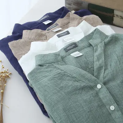 Rahat Moda Stil Kadın Uzun Kollu Bluz Bahar Vintage Keten Gömlek