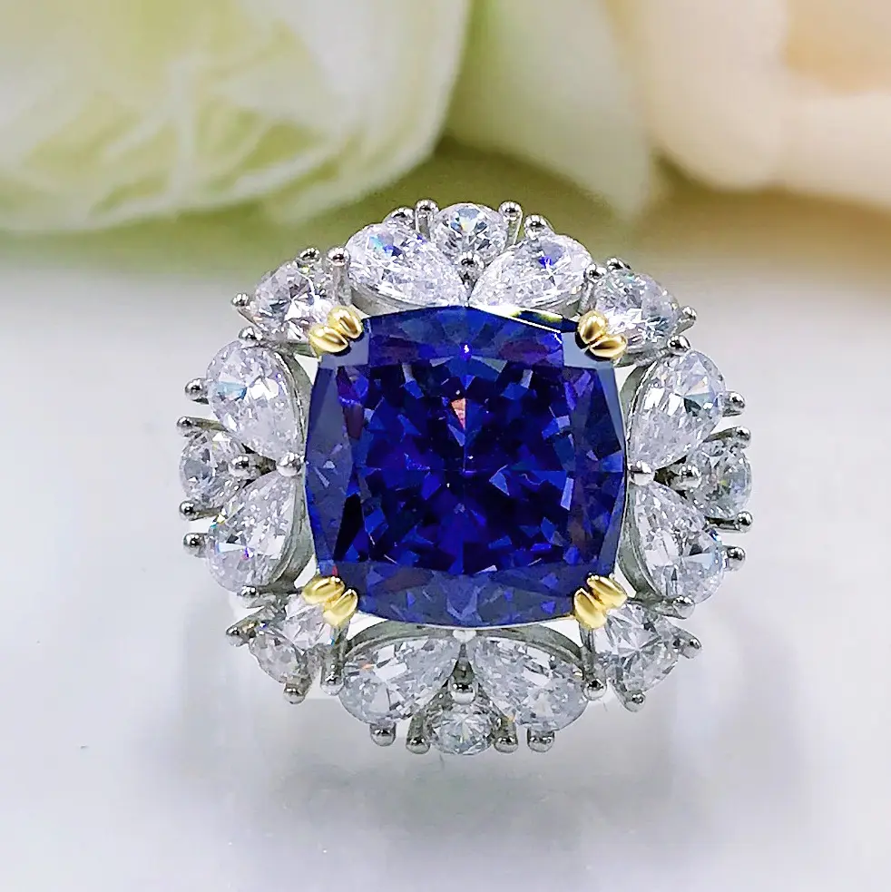 New tanzanite blue ring female 11*11 ice flower cut 5a zircon factory direct sales fashion simple ring