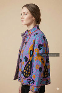 Veste universitaire en velours brodé floral bohème d'hiver et d'automne, écologique, anti-rides, coupe-vent, respirante, en coton Suzani - Product Image 6