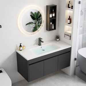 Set Kabinet Penyimpanan Kamar Mandi Aluminium Anti Air dengan Lapisan Hitam Modern, Cermin LED, Wastafel Keramik, dan Rak Lantai untuk Hotel - Product Image 4