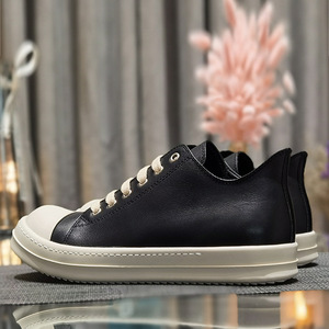 Men's Shoes Genuine <b>Leather</b> Jumbolace Thin Shoelaces Women's Low <b>Sneakers</b> Fashion Black Solid Lace-up Men's Casual Shoes - Product Image 5