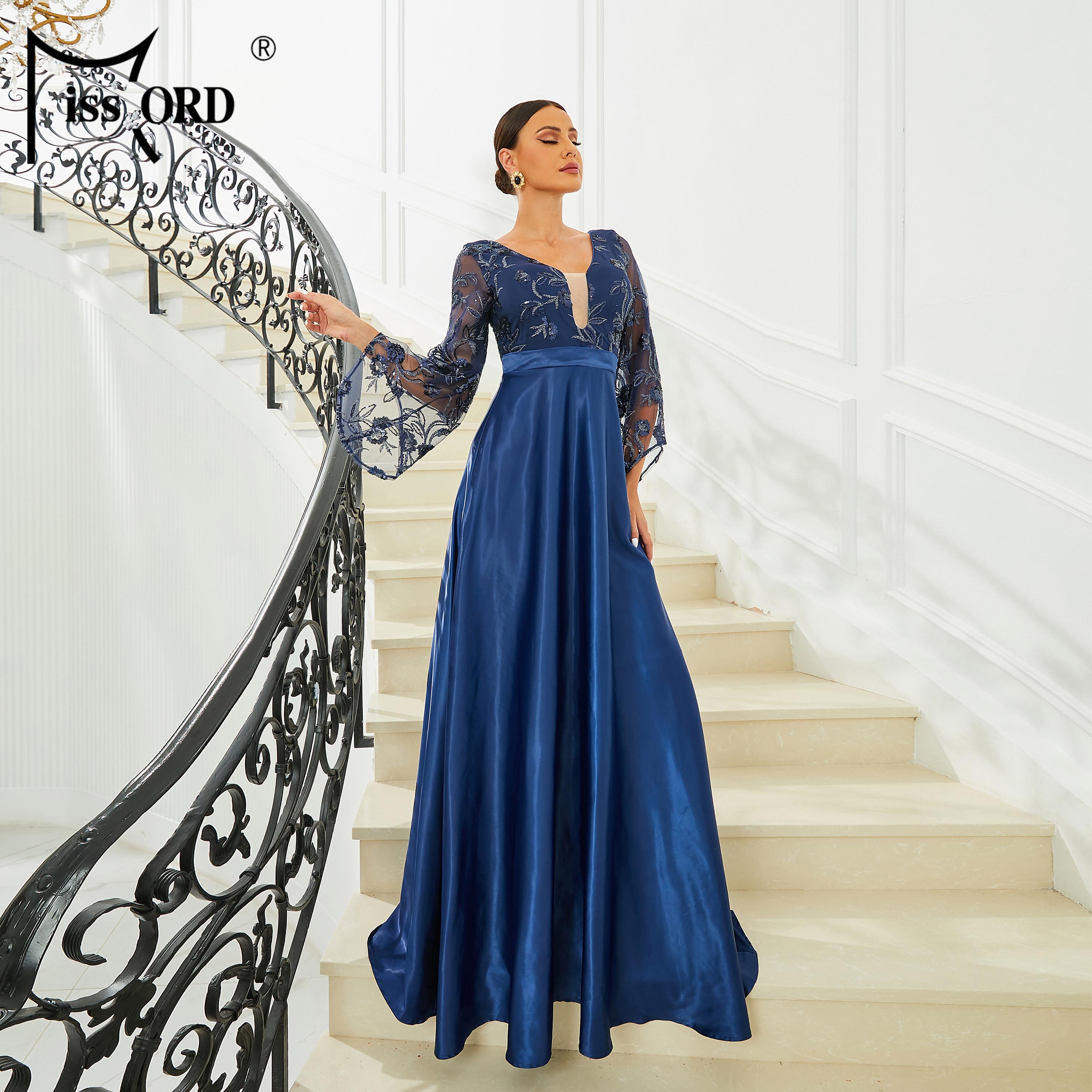 chinese dress ladies Luxury Blue A-Line Evening Dresses with Cape Sleeve LA72248A – SERENE HILL main image 1