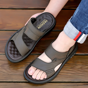 Men's Genuine Leather Sandals Open Toe Rubber Outsole Anti Slip Casual <b>Slides</b> - Product Image 2