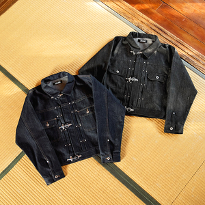 Blousons en jean personnalisés 15oz, style pompier, avec boucle mousqueton, en denim selvedge japonais brut, de créateur - Product Image 2