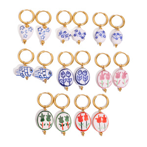 Pendientes de aro de cerámica con diseño de tulipán, chapados en oro de 18 quilates, de acero inoxidable, joyería de moda para mujer, elegantes pendientes llamativos. - Product Image 1