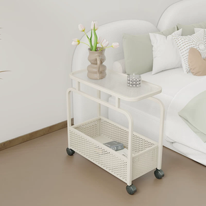 <span class=keywords><strong>Mesita</strong></span> de noche color crema <span class=keywords><strong>con</strong></span> estructura de hierro minimalista y moderna. Ruedas ultrafinas para mesa auxiliar móvil. Armario de almacenamiento. - Product Image 4