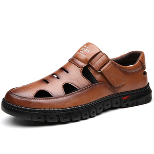 Trends Men Leather Sandals <b>Flat</b> Breathable Hollow-Out Velcro Closure Soft Sole Casual Shoes Brown - Product Image 5