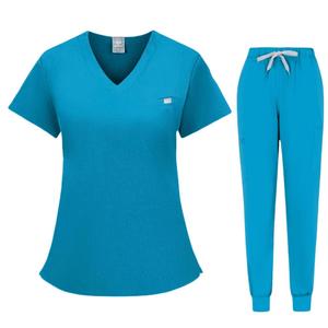 Women Scrub Suit Set Moisture Wicking Knitted Split Uniform Hospital Workwear Short Sleeve Two Piece Stretch Lightweight - Product Image 2