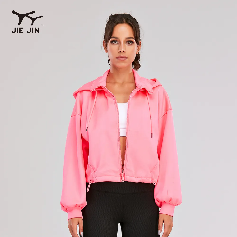 JIEJIN Wholesale Fashion Pink Outdoor Long Sleeve Zip Up Crop Training Sport Biker Jackets Women With Pocket