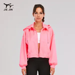 JIEJIN Jaqueta de motociclista esportiva com bolso para mulheres, jaqueta longa rosa para uso ao ar livre com zíper e treinamento esportivo