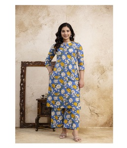 Conjunto de Kurta y Palazzo Azul para Mujer, Cuello Alto, Detalle de Botones Simulados en la Parte Delantera, Ropa Étnica Elegante para Ocasiones Casuales y Festivas - Product Image 1