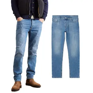 Yüksek kalite özel moda klasik erkek mavi yıkama Slim Fit düz bacak kot % 100% pamuk yüksek belli günlük günlük kot erkekler