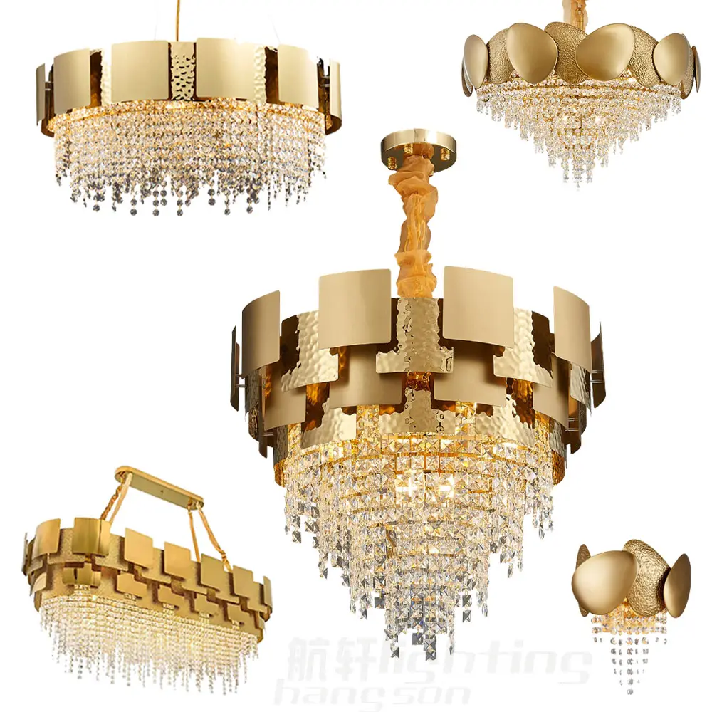 Lámparas y candelabros de acero estilo contemporáneo, lámparas colgantes de cristal K9, grandes, doradas y decorativas