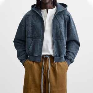 Snow Washed French Terry Distressed Embroidery Cropped Street Style Vintage Fashion Zippered Denim Hoodie <strong>Jacket</strong> for Men - Product Image 1