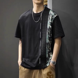 2025 verano hombres Casual todo-fósforo camiseta moda 240 gramos Patchwork estampado geométrico manga corta suelta ajuste para Tallas grandes - Product Image 1