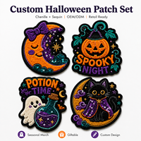 Lot de patchs thermocollants personnalisés brodés en chenille et sequins pour Halloween : Citrouille, Fantôme, Chat, Potion – Badges pour vestes, sacs, packs cadeaux, vente en gros