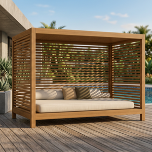 Artisanal Teak Wood Poolside Cabana Double Daybed Pavilion with Slatted Wall Panels - Product Image 2