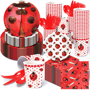 Huancai <span class=keywords><strong>coccinelle</strong></span> fête fournitures assiettes en papier rouge tasses serviettes vaisselle jetable ensemble pour enfants décorations de fête d'anniversaire - Product Image 1