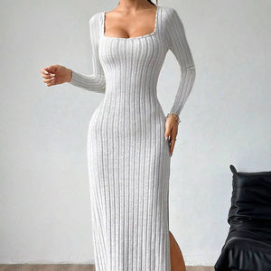 Automne sexy dos nu mince mince fente longue robe pour les femmes - Product Image 1