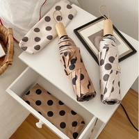 Parapluie pliant rétro noir à pois pour femme, style vintage marron, protection UV UPF50+, coupe-vent, imperméable, parapluie soleil et pluie pour femme