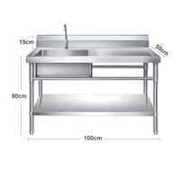 Évier de cuisine professionnel en acier inoxydable 304, 1 ou 2 compartiments, simple ou double bac, avec égouttoir latéral et table de préparation pour restaurant
