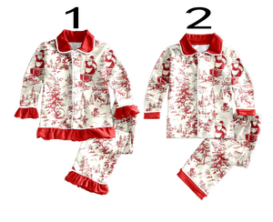 Ensemble de pyjamas de Noël assortis pour frères et sœurs, manches longues, pantalon long, imprimé vintage Père Noël, col rouge, vêtements de nuit pour enfants - Product Image 2