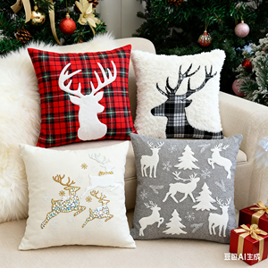 أغطية وسائد فاخرة مطرزة لعيد الميلاد، أغطية وسائد ناعمة من القطيفة مع نقش غزلان ذهبية وأشجار ثلجية - Product Image 5