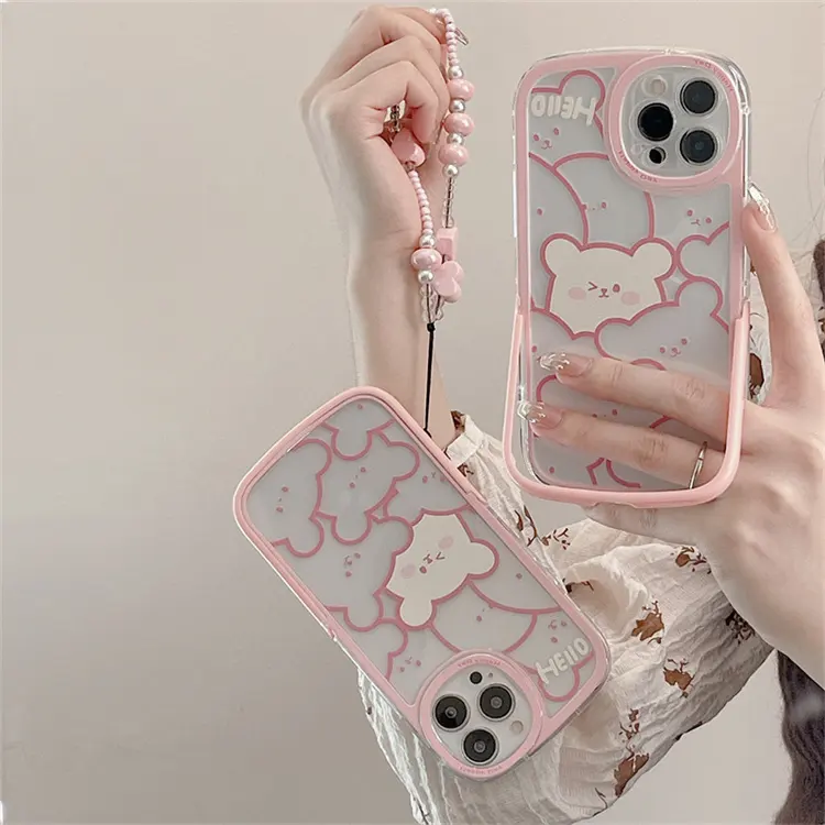 New Pink Kawaii Anime Cover Girl Cute Cartoon Bear Phone Case with Chain For iPhone 12 Mini 13 Pro Max
